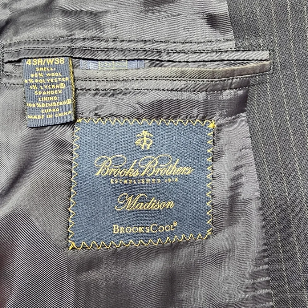 Brooks Brothers Wool Blazer Pants Suit Men 41R Navy 38 Waist Pinstripe Office‎